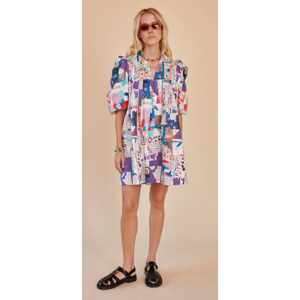 Hunter Bell Tuckernuck Jenkins Mini Dress Patchwork Print Cotton Puff Sleeve XS